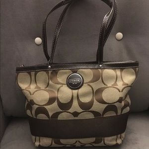 💖Coach Signature Zipper Canvas Leather Brown Tote